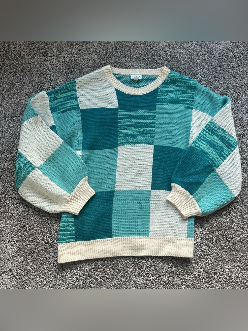 Le Lis Teal & Cream Checkerboard Crewneck Sweater
